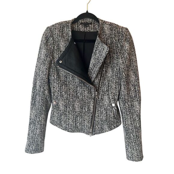 Theory Joean Herringbone Lamb Leather Trim Moto Jacket 2 Grey Black Biker - Picture 2 of 11